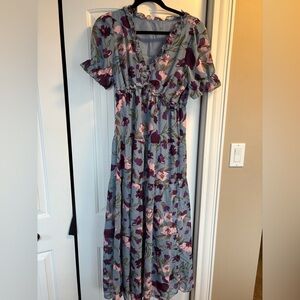 Floral Ruffle Maxi Dress - Blue and Purple